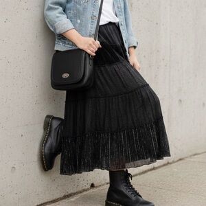 Chico’s Folk Joni Velvet Sparkle Holiday Maxi Skirt Tiered Boho Black 2/L 12-14